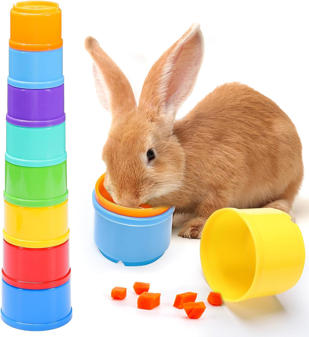 MEWTOGO 8 Pcs Stacking Cups for Rabbits - Safe Reusable Bunny Toys in Different Sizes, Durable Rainbow Colored Nesting Toys for Small Animals, Bunny Hiding Food Playing Gifts
