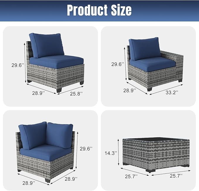 Aoxun 6 Pieces Patio Furniture Set Wicker Rattan Outdoor Sectional Conversation Set with Coffee Table and 4” Thickened Cushions, Gray Blue(Waterproof Cover Included)