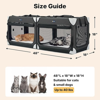 Veehoo Extra Large Cat Travel Carrier with Litter Box for 2 Cats, 48 inch Collapsible Dog Crate for Small Medium Dogs, 2 in 1 Cat Pet Puppy Kitten Foldable Car Carrier Soft Sided for Road Trip, Black