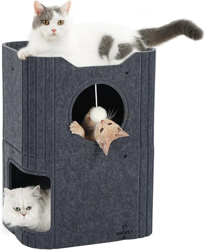 Cat House for Indoor Cats Large Cat Bed Cave 2-Storey Cats Condo with Cozy Felt Covered Hideaway for Multiple Pets Dark Grey