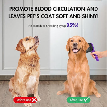 Dog Brush Kit - Self-Cleaning Slicker Brush with Bath Brush & Undercoat Rake | Deshedding Tools for Large - Small Dogs & Cats, Professional 3-in-1 Pet Grooming Set for Heavy Shedding, Purple
