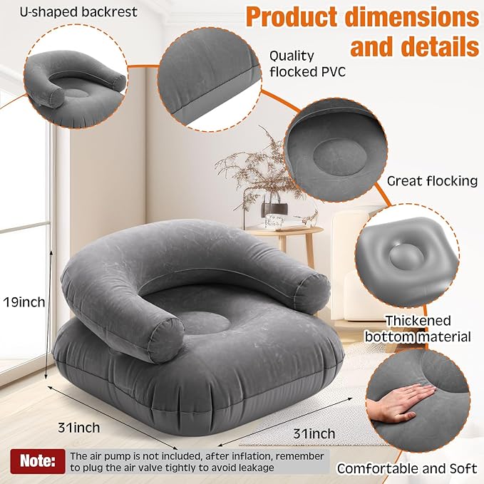Threehoney 4 Pcs Inflatable Lounge Chair Deck Chair Lazy Sofa, Blow Up, Folding, Portable Couch for Home, Office Balcony, Floor Seating (Dark Grey)