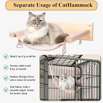 JSPYFITS Wooden Cat Furniture Wall Mounted, Double Layer Hammock, Large Size 18.9″ Removable Multi-Function Cat Bed for Sleep/Play/Climb, Kitten Window Perch, Easy DIY Installation(Beige)