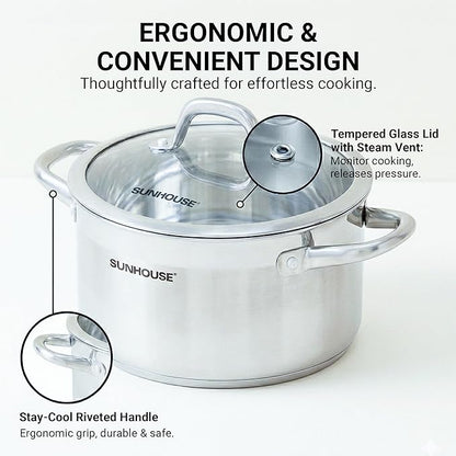 Sunhouse Professional 12-Quart Whole-Clad Multi-Ply Stainless Steel Stock Pot