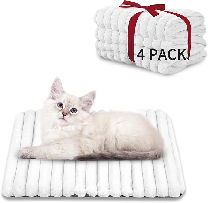 NWK Pack of 4 Fluffy Self Warming Cat Mat, Cat Blanket, Thermal Dog Mat, Washable, Non-Slip Bottom for Sofa & Crate & Kennel & Car Seat (Creamy White, Small (19'' X 15'' X 0.7''))