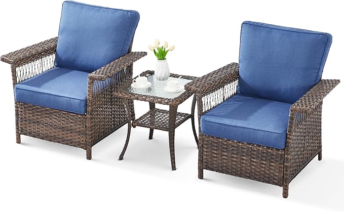 Wicker Outdoor Chairs Set - 3 Pieces Hollow Widen Armrests Patio Furniture Set with Side Table, Comfortable High Back Rattan Chairs for Balcony Porch Deck and Yard - Brown/Blue