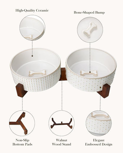 MALACASA Dog Bowl Set, Ceramic Bowls with Walnut Wood Stand, 6 Cups | Rhombic and Polka Dot Design, Non-Slip Base, for Dogs, About 26% Heavier than Similar Ceramic Bowls