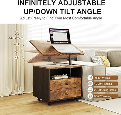Bedroom Nightstand with Drawers & Charging Station, Adjustable Height Bedside Table with Wheels, Wooden Small Sofa Side Tables with Storage for Living Room, Rustic Brown