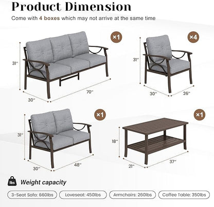 FansaFurn 7-Pieces Outdoor Patio Furniture Set, Outdoor Metal Sectional Furniture with Cushions, Outdoor Conversation Seating Set with Coffee Table for Garden, Balcony, Deck, Backyard, Grey