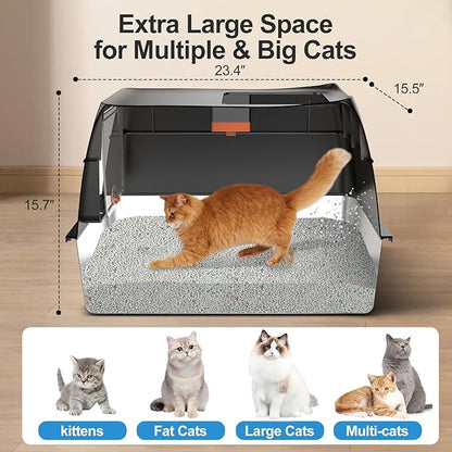 Stainless Steel Litter Box with Lid,Front Entry Top Exit Kitty LitterBox,Extra Large Enclosed Metal Cat Box with Litter Scoop & Litter Mat-Black