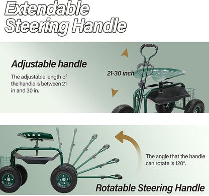 BESTHLS Garden Cart with Seat on Wheels Rolling Gardening Stool with Wheels Heavy Duty for Planting with 360 Degree Swivel Seat Steering Handle & Utility Tool Tray
