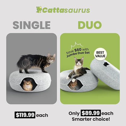 Cattasaurus Peekaboo Cat Cave, Extra Spacious for Multiple & Large Cats 12+ lbs, Scratch Detachable Beds for Indoor Cats, Washable Tunnel Bed, Comfy Cat Donut Tunnel (Light Gray+Light Gray, Jumbo)