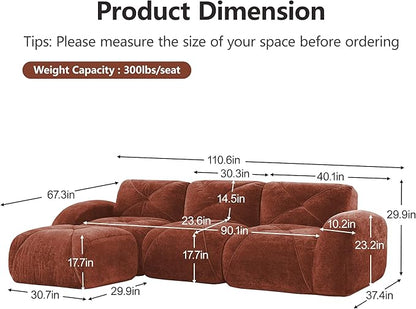 Modular Sectional Sofa with Free Combination,Boneless Floor Couch for Living Room & Lounge,Velvet 3-Seater Sectional Couch with Ottoman,No Assembly Needed