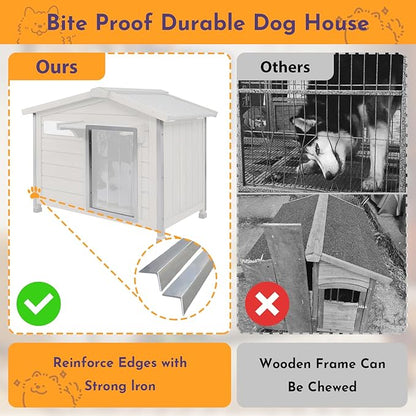 Outdoor Dog House Weatherproof Large Wooden Dog Kennel Indoor for Small Dogs with Chew-Proof Frame, Oxford Fabric Window, Removable Floor Pet Shelter (Grey, 30.1" D x 18.3" W x 24" H)