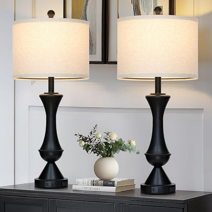29" Black Tall Table Lamps for Living Room, Touch Control Bedroom Lamp with USB A+C Ports, 3-Way Dimmable Bedside Table Lamps Set of 2, Modern Metal Lamp for Nightstand