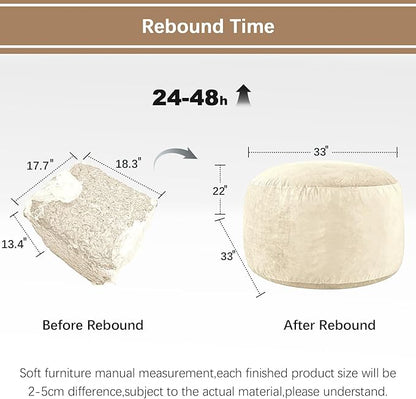 Bean Bag Chairs for Adults - Memory Foam Furniture BeanBag Chair - Kids/Teens Sofa with Soft Micro Fiber Cover - Round Fluffy Couch for Living Room Bedroom College Dorm - 3 ft, Ivory