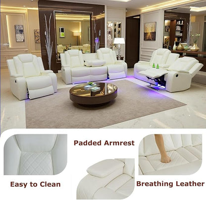 Toseslo Power Leather Recliner Sofa Set with LED Light, Leather Sectional Sofa Set, Living Room Furniture Sets, Modern Power Reclining Sets for Living Room(Creamy White)