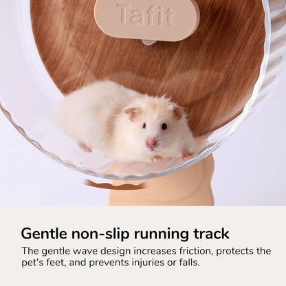Silent Hamster Wheel 8.7 Inch Dual-Bearings Quiet Running Exercise Wheels with Wood Grain Backboard, Height Adjustable for Dwarf Hamsters, Gerbils, Mice, Hedgehog, Lemmings, Warm Brown