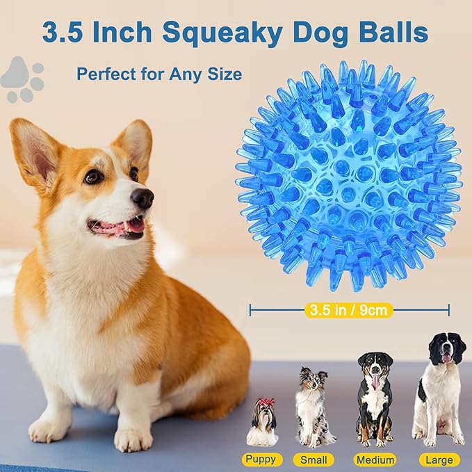 Beieverluck 12 Pack 3.5 Inch Squeaky Dog Toy Balls Spikey Dog Balls Large Dog Chew Toys for Medium Large and Small Dogs for Aggressive Chewers,4 Colors