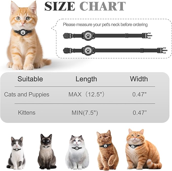 Airtag Cat Collar, Stretchy Kitten Collar with Apple Air Tag Holder, Lightweight and Comfortable, Ultra Elastic GPS Cat Collars for Cats Kittens and Puppies, 8-12.5 Inch, Black