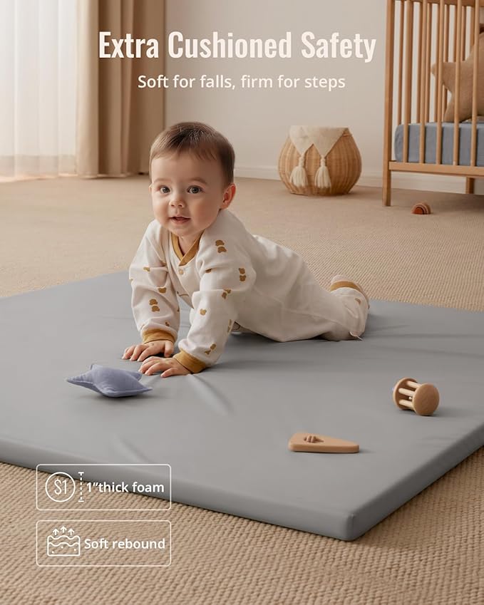 Blissful Diary Vegan Leather Baby Play Mat, 47x47 Thicken Foam Cushioned & Waterproof Playpen Mat for Infants and Toddlers, Stylish and Just Wipe-Clean Playmat for Baby Play on Floor, Light Gray