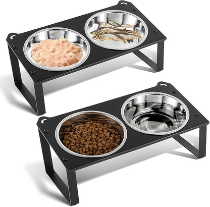 2 Set Elevated Cat Food Water Bowls, 4 Stainless Steel Bowls for Indoor Pet with Cute Metal Stand, 10° Tilted Anti-Vomiting Wide Shallow Raised Cat Dishes Whisker Friendly for Multiple Kitten,Puppy
