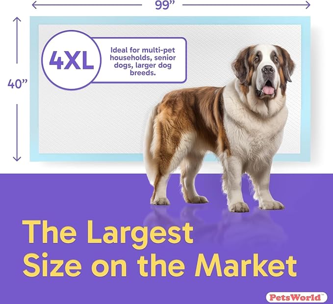 PETSWORLD Mega-Sized Dog Pee Pads (40" x 99") – 4XL Gigantic Pet Piddle Pads for Puppy Training, Incontinence – with Adhesive Sticky Tape – Leak Proof, 5-Layer Protection (80 Count)