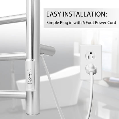 KEG Towel Warmer Wall Mounted with Built-in Timer 4 Bars Electric Stainless Steel Heated Towel Racks for Bathroom, Hot Plug-in Bath Towel Heater Polish Chrome