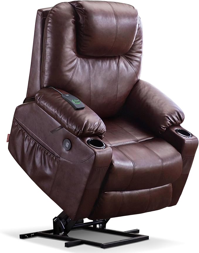 MCombo Electric Power Lift Recliner Chair Sofa with Massage and Heat for Elderly, 3 Positions, 2 Side Pockets, and Cup Holders, USB Ports, Faux Leather 7040 (Dark Brown, Medium)