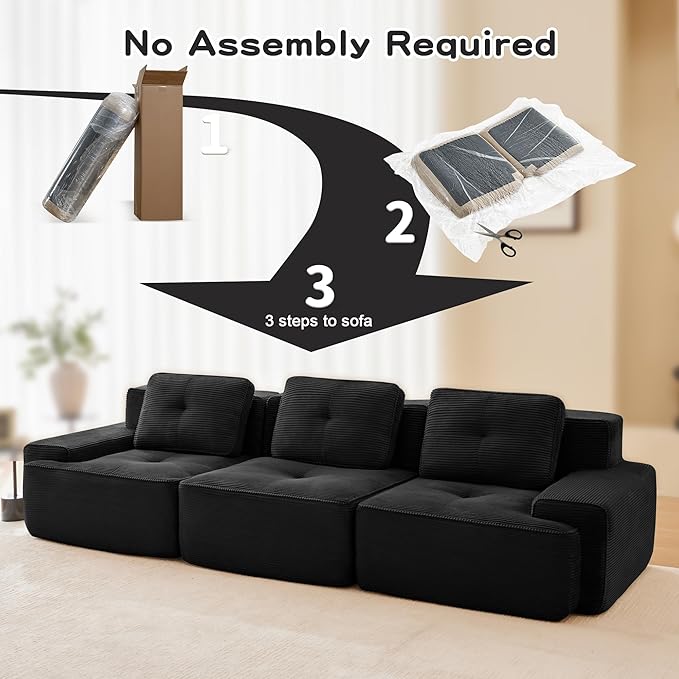 115.3'' Sectional Sofa, 32D Foam Corduroy Boneless Couch with Pillow, Deep Seat Wide Arm Sectional Couch for Apartment, Living Room, Bedroom