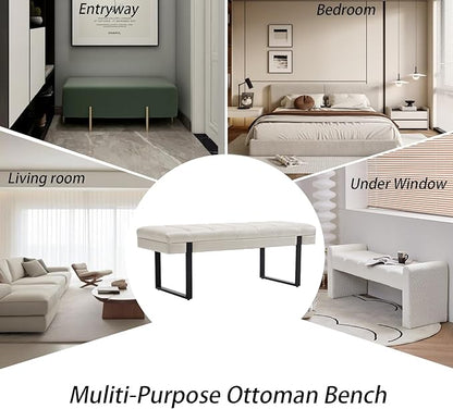 AIITTCC Faux Leather Ottoman Bench, Tufted Padded End of Bed Bench with Metal Legs, Upholstered Shoe Bench for Bedroom Living Room Entryway Window (Beige White, 46" Wide)