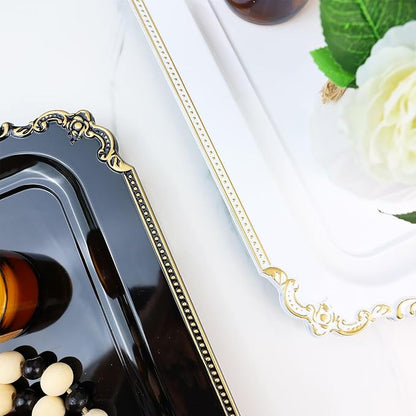 2 Pcs White Vintage Decorative Trays with Gold Rim, Serving Tray for Table Centerpiece Decor, Coffee Table, Living Room