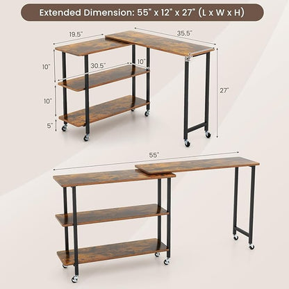 Giantex 360° Free Rotating Sofa Side Table, Mobile L-Shaped Laptop Desk with Sturdy Metal Frame, 6 Universal Casters, Movable Couch Snack Table with 2-Tier Storage Shelf for Home (Brown)