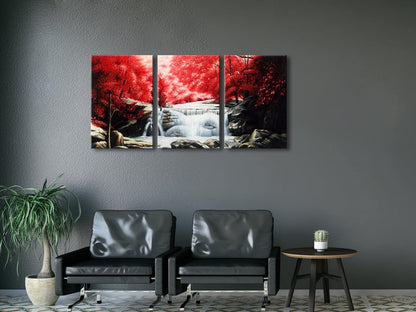 Wieco Art 3 Piece Red Forest Waterfalls Canvas Prints Wall Art for Living Bedroom Room Home Decorations Modern Gallery Wrapped Landscape Tree Oil Paintings Reproduction Pictures Artwork