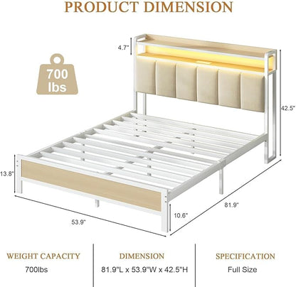 Full Size Bed Frame with Storage Headboard, Metal Platform Bed Frame Full with LED Lights and Charging Station, Heavy Duty Metal Slats, No Box Spring Needed, Easy Assembly, Beige
