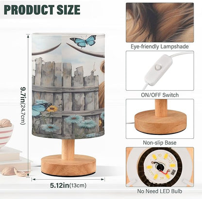 Highland Cows Daisy Wooden Vintage LED Table Lamp for Bedroom Bedside Lamp with USB Charging Ports Decor Nightstand for Living Room Reading Dorm Desk Home Office