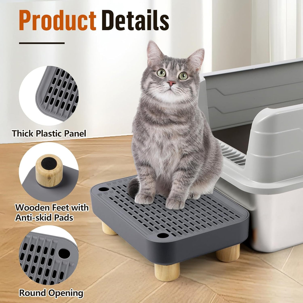 Cat Litter Box Step Ramp, Cat Litter Catcher Mat with Wooden Feet, Filter Function, Cat Pedal Stool for Self-Cleaning Cat Litter Box, Ideal for Kitten & Elderly Cats (Dark Grey)