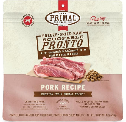 Primal Freeze Dried Dog Food, Pronto Mini Nuggets, Pork; Scoop & Serve, Complete & Balanced Meal; Also Use As Topper or Treat; Premium, Healthy, Grain Free, High Protein Raw Dog Food (16 oz)