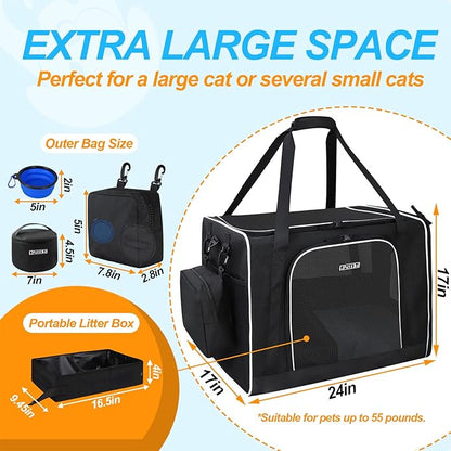Petskd Extra Large Cat Carrier with Litter Box 24"x17"x17" for Medium Large Cat or 2 Small Cats, Collapsible Soft Sided Pet Carrier for Car Travel with Lockable Safety Zippers(Black)