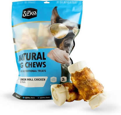 Sitka Farms Beef Cheek ROLL Chicken 5-6 Inch (10 Count) Extra Thick Dog Chew Bones No Rawhide Sourced from Free Range Grass Fed/Healthy Teeth and Gums for Small Medium and Large Dogs