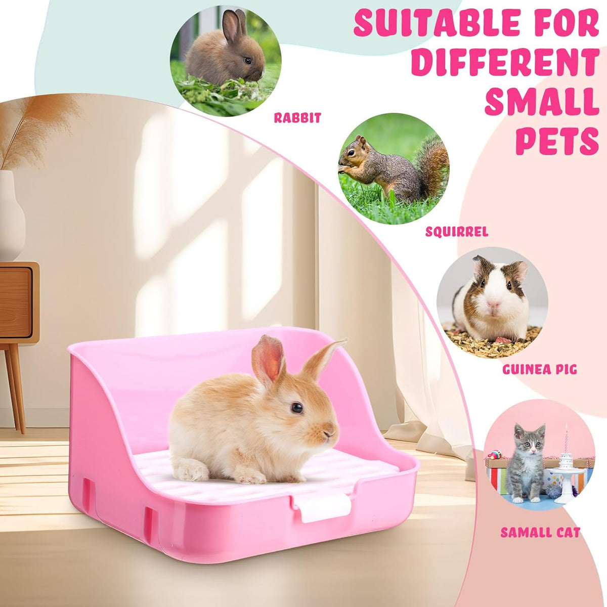 15 Pcs Rabbit Starter Kit Small Rabbit Litter Box Animal Grooming Kit Bunny Toys Bowl Blankets with Cleaning Set for Guinea Pig Accessories(Pink)