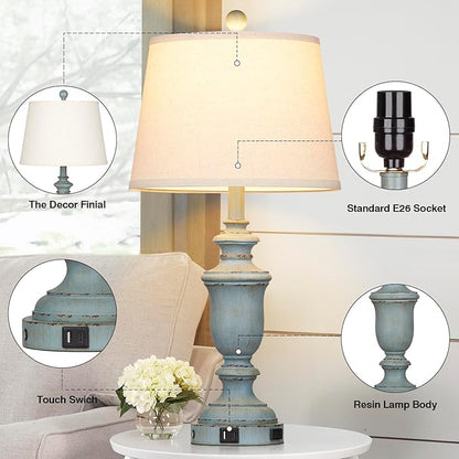 25.6" Coastal Table Lamps Set of 2 with USB C+A Ports & AC Outlet for Rustic Living Room Retro Bedroom,3-Way Dimmable Touch Lamp Bedside Lamps for Nightstand Side End Table,Retro Blue