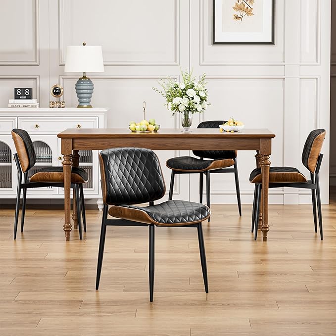 YaFiti Dining Chairs Set of 4, FSC Certified Mid Century Modern Accent Dining Room and Kitchen Chairs, Upholstered PU Leather Diamond Check Chairs with Walnut Bentwood and Metal Legs, Black
