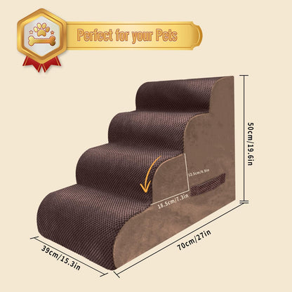 PAWSCART Dog Stairs for Small Dogs and Cats, 4-Step Dog Steps for Bed, 19.6" H Pet Stairs for High Bed, Pet Ramp for Couch, Sofa, Non-Slip Surface Removable Washable Cover, Brown