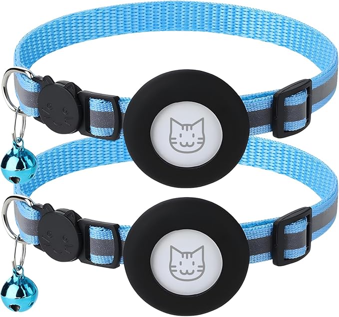 2 Pack Airtag Cat Collar with Bell, Reflective Nylon Kitten Collar with Apple Air Tag Holder and Breakaway Safety Buckle for Puppy Girl Boy Cats, 3/8" in Width and Lightweight, Blue