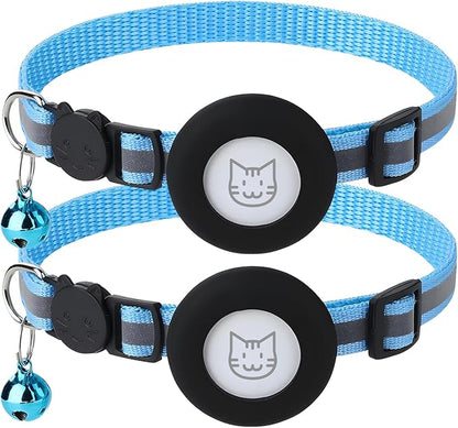 2 Pack Airtag Cat Collar with Bell, Reflective Nylon Kitten Collar with Apple Air Tag Holder and Breakaway Safety Buckle for Puppy Girl Boy Cats, 3/8" in Width and Lightweight, Blue