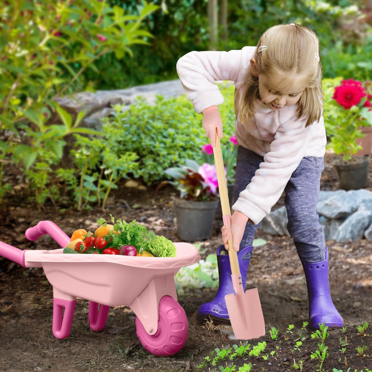 Kids Gardening Tools Outdoor Toys Set Backyard Play with Wheelbarrow Educational STEM Learning Pretend Toys Outdoor Indoor for Toddlers Kids Boys Girls
