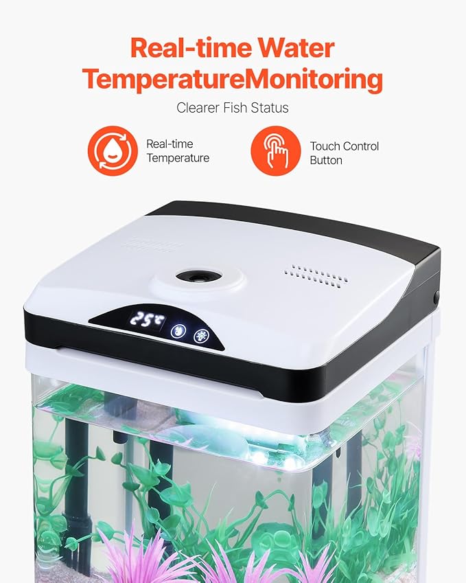 VEVOR Fish Tank Aquarium, 2 Gallon LED Square Ultra-Clear Glass Tank Temperature Monitoring Adjustable 7 Color Lighting, Self Cleaning System Fishbowl for Freshwater & Saltwater Fish Home,Office,Pet
