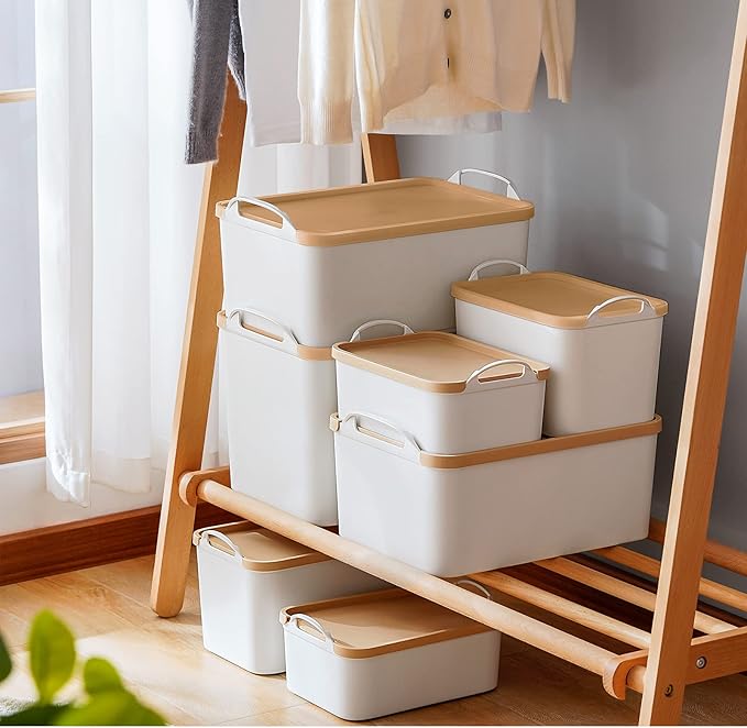 ANMINY 8PCS All-in-One Lidded Plastic Storage Bins Set White Desk Basket Box Drawer Organizer Kitchen Food Container with Handles Removable Lids Decorative Clothes Laundry Closet Cabinet Shelf Cube