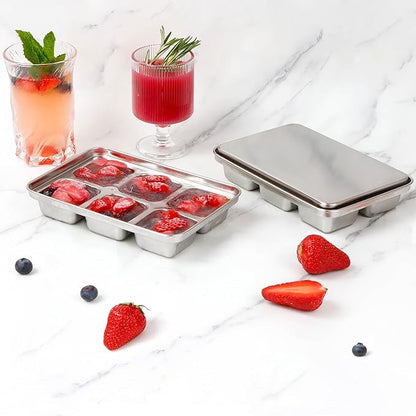 Ice Cube Tray with Lid, 2 Pack 12 Big Cubes, Stainless Steel Ice Cube Trays